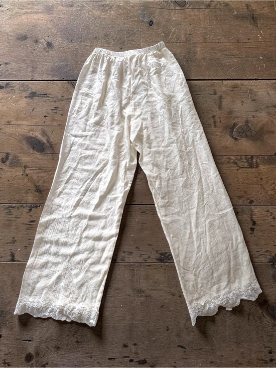 Pants - Cream Lace-Trim Gauze Lounge Pants Resort Wear Size Medium Wide Leg